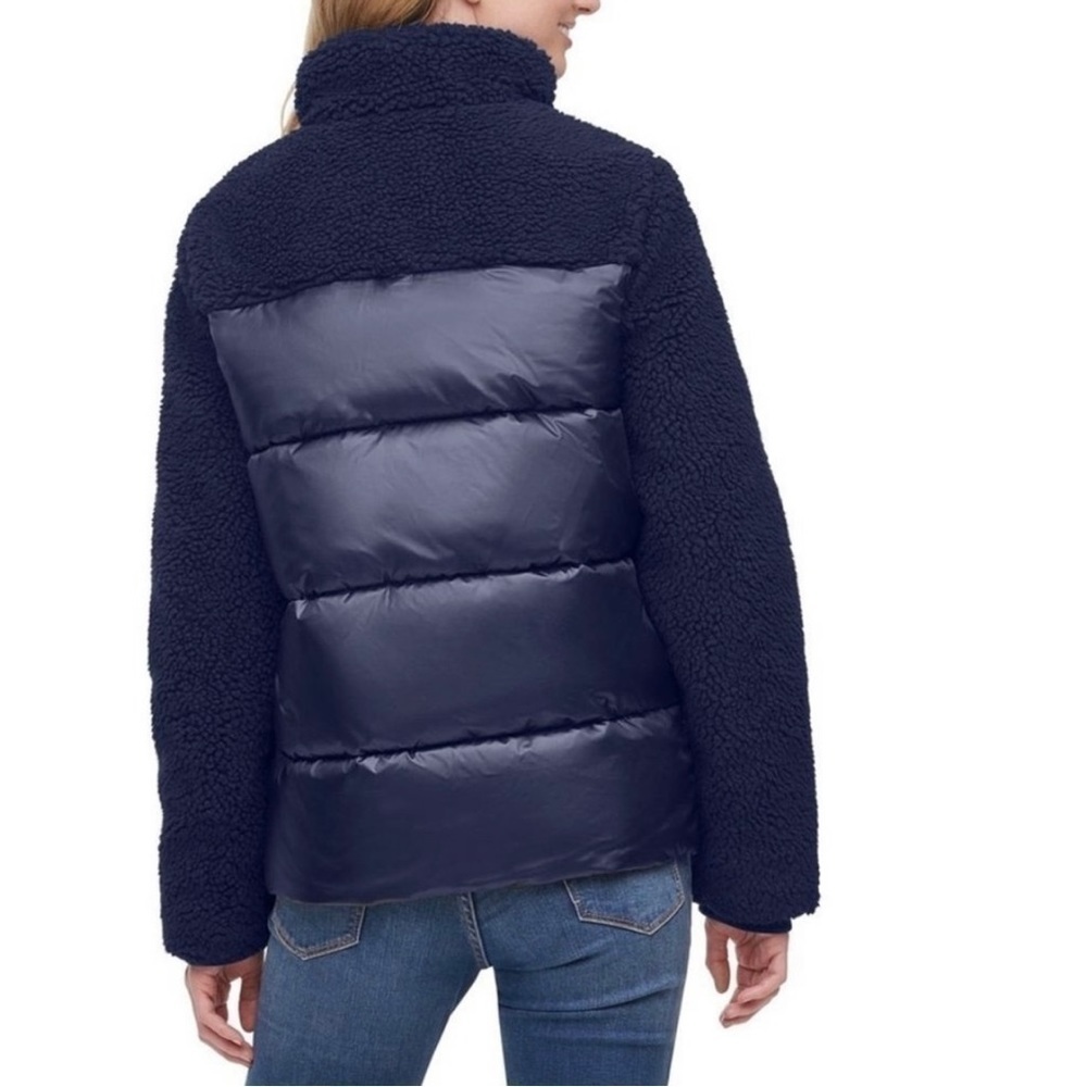 Women’s TOMMY HILFIGER Mixed Media Navy Blue Sherpa Puffer Jacket Coat - Picture 3 of 10